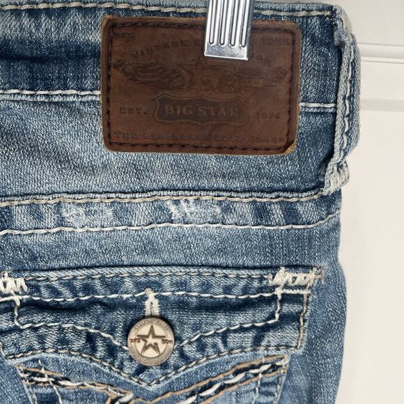 Big Star Women’s Low-Rise Liv Boot Cut Jeans Sz 27R Thick Stitching Distressed - Picture 7 of 16